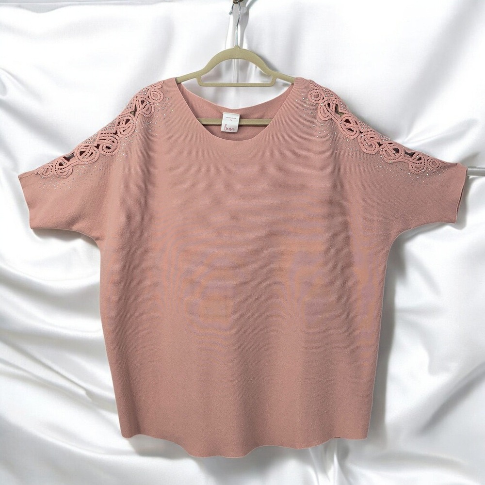 Luna Knit Top Rhinestone Embellished Lace Sleeve Detail‎ Sweater Woman 1X Pink